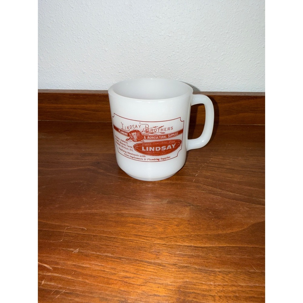 Vintage Fire King Milk Glass Mug Lindsay Brothers Plumbing Advertising Red White